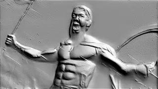 3D model of Warrior's Cry bas-relief with raised weapon, showcasing muscular body and fierce expression.