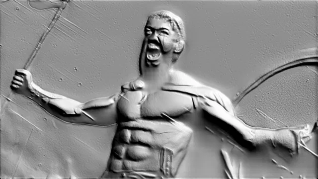 3D model of Warrior's Cry bas-relief with raised weapon, showcasing muscular body and fierce expression.