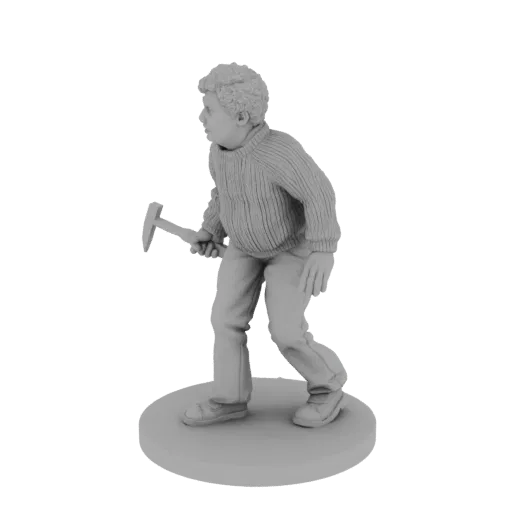 3D render of a grey miniature figure of a young boy with curly hair holding a hammer, standing on a circular base.