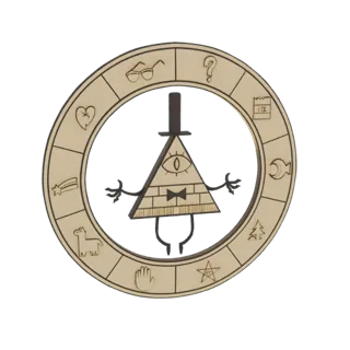 Modelo 3D de la Rueda de Bill Cipher de Gravity Falls, con el demonio triangular Bill Cipher en el centro rodeado de varios s