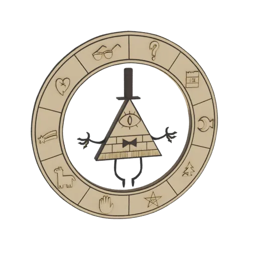 3D model of Bill Cipher's Wheel from Gravity Falls, featuring the triangular demon Bill Cipher in the center surrounded by va