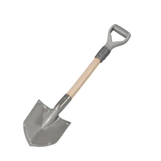 Clean Shovel 3D model, three-quarter front view, Unity viewport, showing painted metal, functional silhouettes.