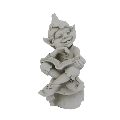3D model of a garden gnome statue sitting and reading a book, with a whimsical expression and a leaf-adorned hat.