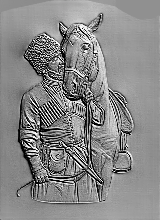 3D model of a Caucasian horseman in a papakha hat, embracing his horse, in black and white.