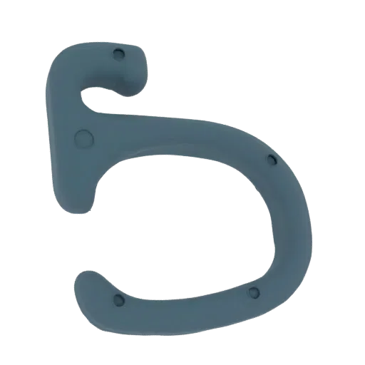 A 3D render of a modern, curved hook hanger in a muted blue color, with three visible mounting points.
