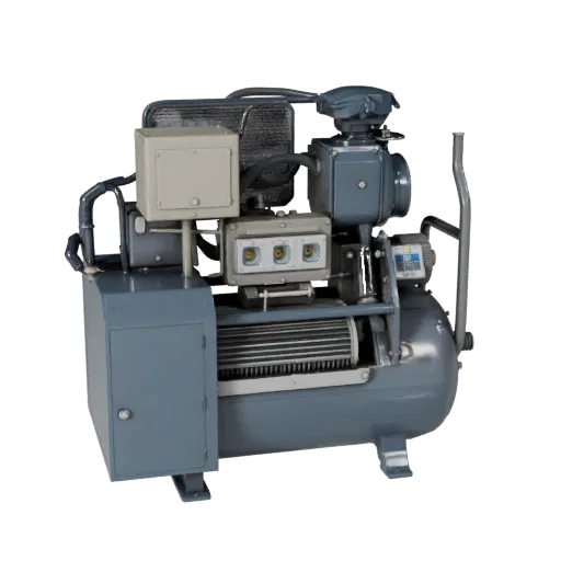 Air Compressor Realistic 3D model, three-quarter studio render, showing painted steel, machine stations.