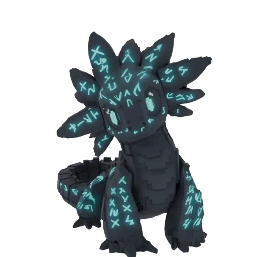 3D model of a dark, stone-like axolotl creature with glowing cyan runes covering its body and frills.