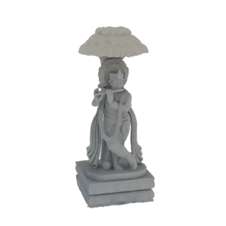 Modelo 3D de uma estátua de Lord Krishna tocando flauta sob um dossel semelhante a folhas, em pé sobre uma base de livros.