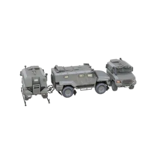 Modèle 3D d'un convoi de camions militaires avec remorque, comprenant un camion principal, un plus petit véhicule de soutien