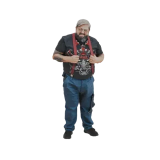 3D model of a man with a beard, wearing a graphic t-shirt with a red oni mask and red suspenders, and blue cargo pants.