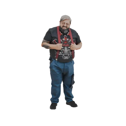 3D model of a man with a beard, wearing a graphic t-shirt with a red oni mask and red suspenders, and blue cargo pants.