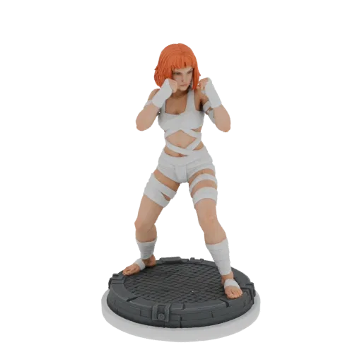 3D model of a female fighter with orange hair, wearing white wraps, in a fighting stance on a circular base.