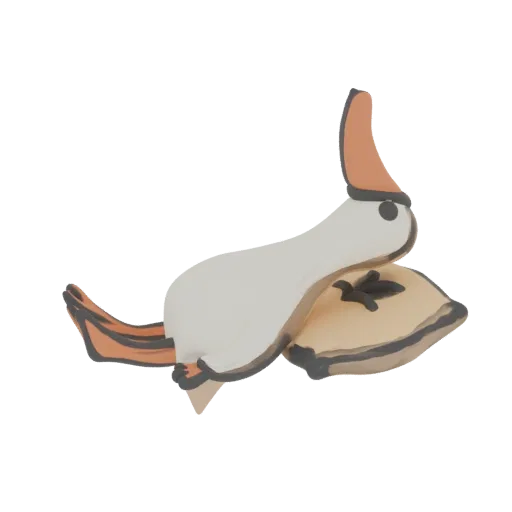 3D render of a cute, stylized white goose with orange beak and feet, resting peacefully on a light brown pillow.