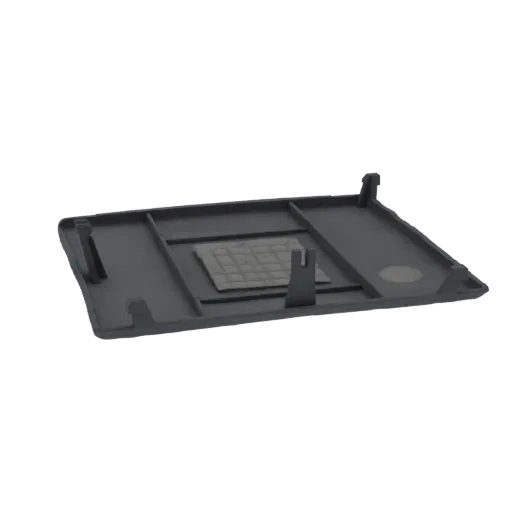 3D model of a dark gray rectangular cover with a textured grid pattern and mounting clips, viewed from a slight angle.