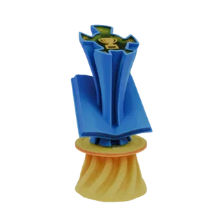 Modelo 3D de un trofeo de libro azul con una copa dorada encima, sobre un fondo blanco.