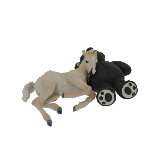 A 3D model render of a light brown foal nuzzling into the side of a black teddy bear, both appearing to be resting.