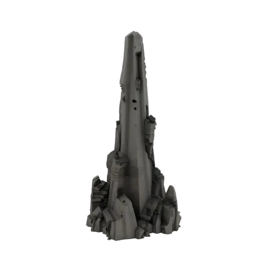 Modèle 3D imprimable de spire minérale alien, rendu STL isométrique de table, montrant pierre stratifiée, faces rocheuses.