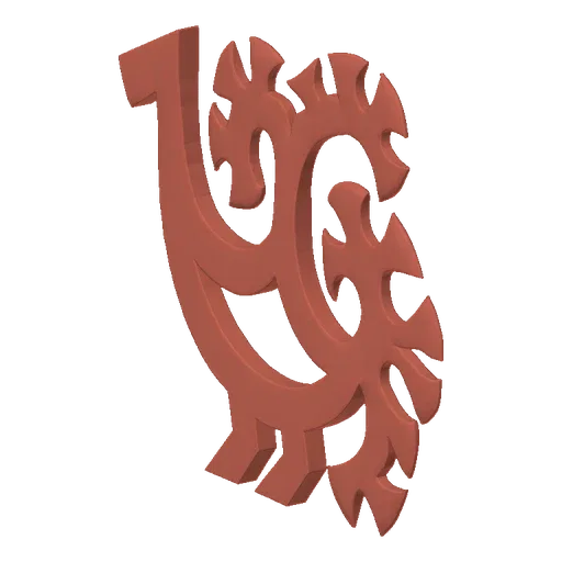 3D model of a stylized bird emblem with intricate curves and a terracotta-like finish against a black background.