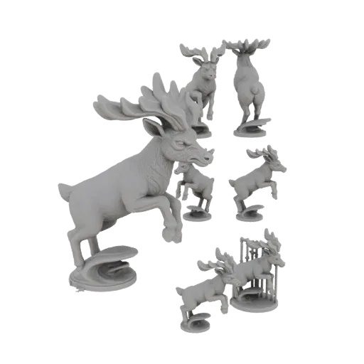 3D model of a majestic stag with large, detailed antlers in a dynamic, leaping pose against a black background.