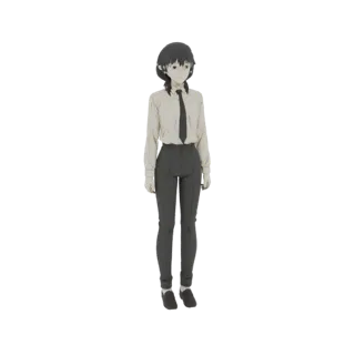 3D model of an anime girl standing in a professional business outfit, wearing a collared shirt, tie, and trousers.