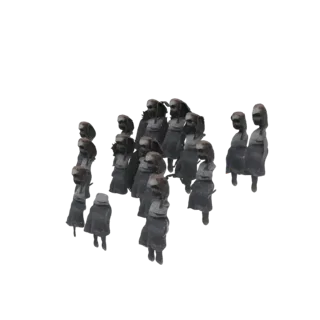 A 3D render of a group of translucent, ethereal figures standing together against a white background.