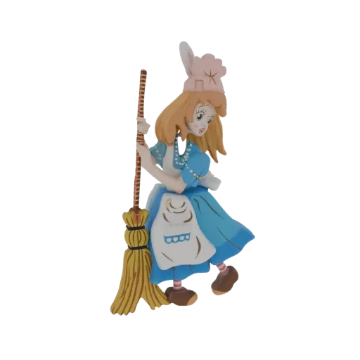 3D model of a stylized Alice character in a blue dress holding a broom, with blonde hair and a pink hat.