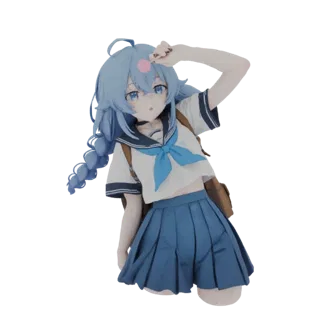 3D model of an anime schoolgirl with blue hair, wearing a sailor uniform and a backpack, in a dynamic pose.