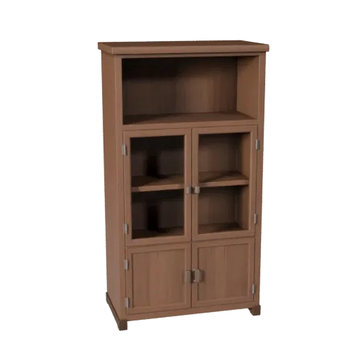 Industrial Bookshelf Low Poly 3D model, dining room, game viewport three-quarter view, painted wood detail.
