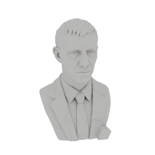 Renderização de modelo 3D do busto de um homem vestindo terno e gravata, com características faciais e cabelo detalhados.