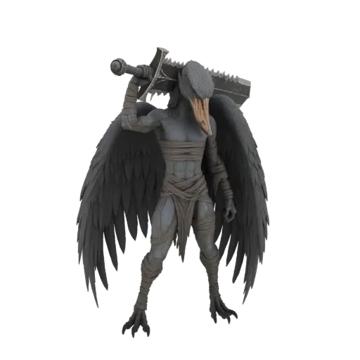 3D model of a Dark Raven Warrior with large wings, a beak, and a massive sword on its back, standing against a white backgrou