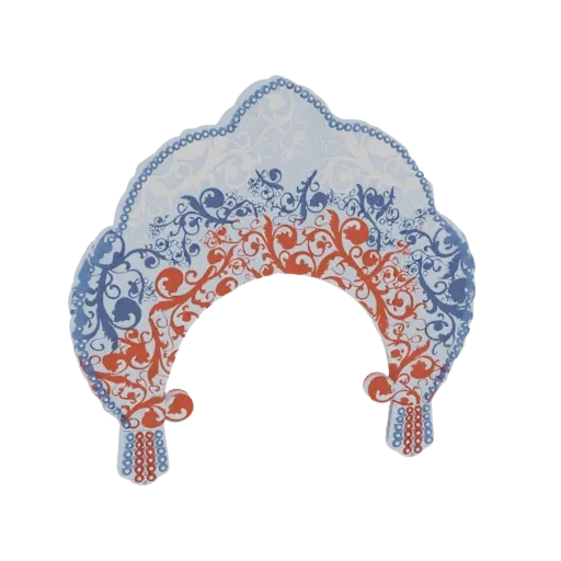 3D model of a traditional Russian Kokoshnik headdress with blue and red floral patterns and a beaded border.