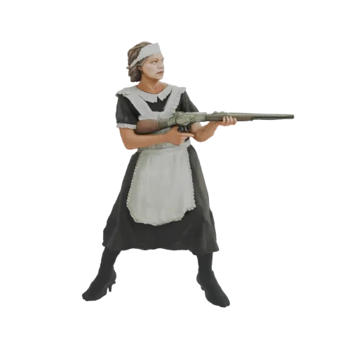 3D-Modell einer Frau in Maid-Uniform mit Gewehr, actionreich posiert.