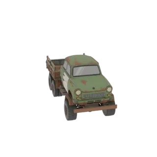 3D-Modell eines verwitterten grün-weißen Trabant-Autos, umgebaut zu einem LKW mit Holzladefläche, mit Rostdetails.
