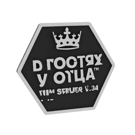 3D model of a hexagonal emblem with a white crown and Cyrillic text 'D GOSTYAKH U OTSA' on a black background.