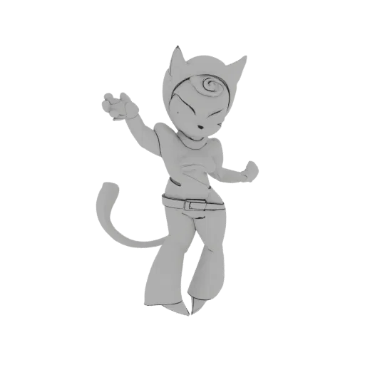 Un rendering 3D di un personaggio ragazza gatto stilizzata in posa dinamica, con orecchie da gatto, coda e abbigliamento alla