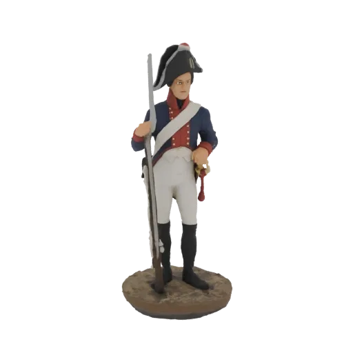 3D model of a Napoleonic era soldier standing with a musket, wearing a blue coat, white breeches, and a bicorne hat.