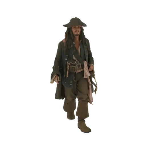 3D model of Captain Jack Sparrow, the iconic pirate, walking forward with his signature hat and attire.