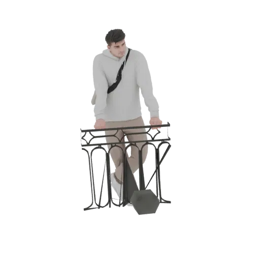 3D model of a young man with dark hair, wearing a light grey hoodie and beige pants, leaning on a black metal balcony railing and looking to the right.