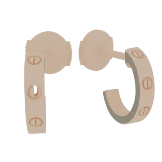 Modello 3D di una coppia di orecchini a cerchio Cartier Love in oro rosa con motivi a vite, esposti su sfondo nero.