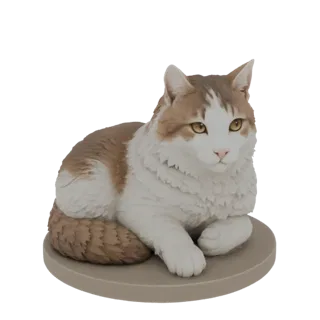 3D-Modell einer flauschigen Tabby-Katze mit braun-weißem Fell, ruhend auf einem beigen Sockel, von vorne betrachtet.
