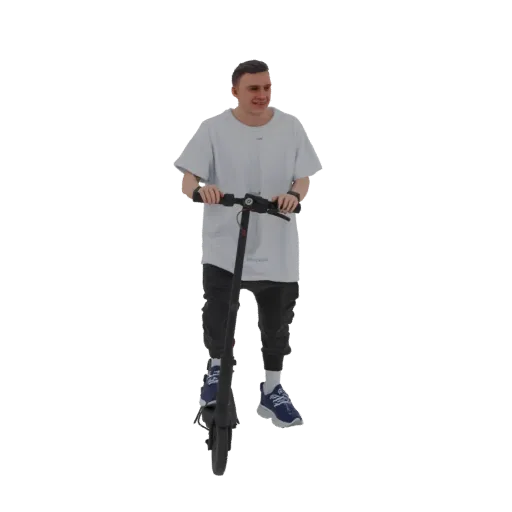 3D model of a young man in a t-shirt and pants riding an electric scooter, viewed from the front.