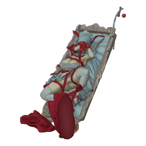 3D model of a maiden bound in red ribbons, displayed within an ornate, baroque-style frame, with red fabric draped at the bas