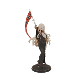 Modelo 3D de una figura anime gótica de la parca con cabello rubio largo, vistiendo un vestido oscuro y sosteniendo una guada