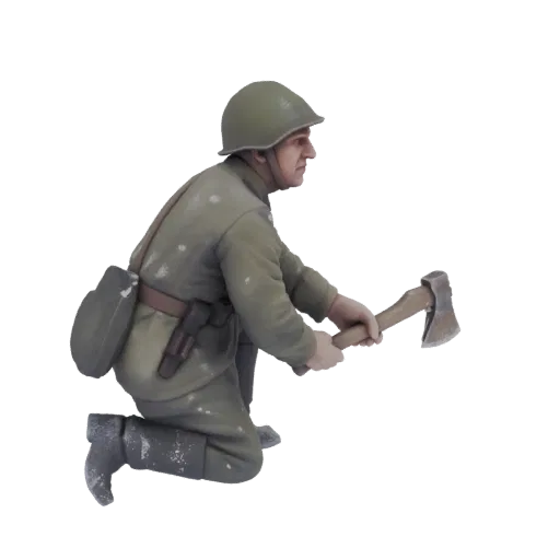 Modello 3D di un soldato sovietico in ginocchio con un'ascia, con elmo e uniforme, con effetti neve.
