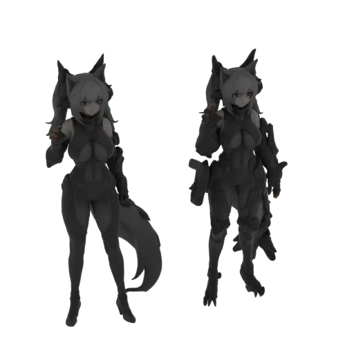 3D model of a cyberpunk fox girl with white hair, fox ears, and dark, armored attire, shown from a three-quarter view.
