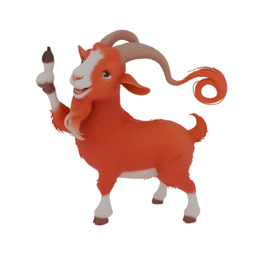 3D model of a stylized red goat with large, curled horns, a white face, and a flowing beard, standing on a black background.