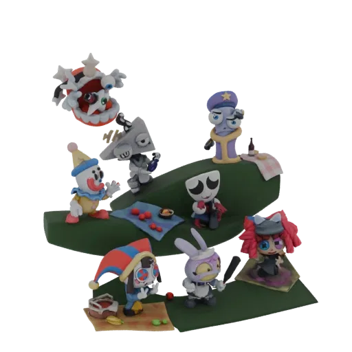 A 3D render of a claymation-style picnic scene with seven quirky, colorful characters gathered on a green surface.