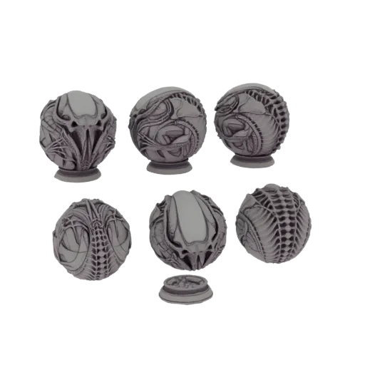 A 3D render of an alien biomechanical orb with intricate organic and mechanical details, presented on a small base.