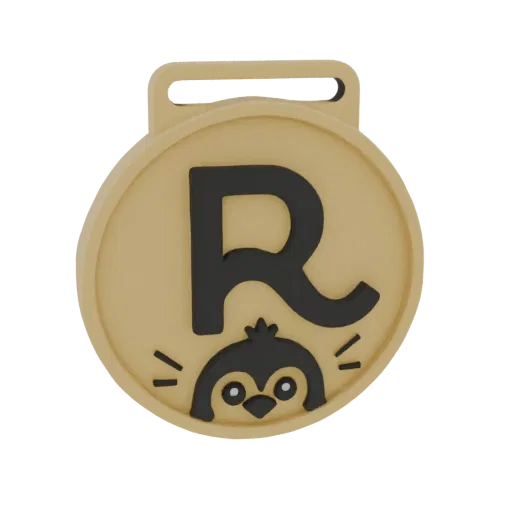 3D render of a gold medal with a black letter 'R' and a cute penguin peeking from behind.