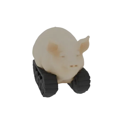 Render de modelo 3D de un cerdo claro con expresión amigable sentado sobre orugas de tanque negras, aislado sobre fondo blanco.